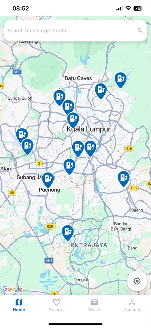 SkyVolt app showing nearby EV charge points across the Klang Valley
